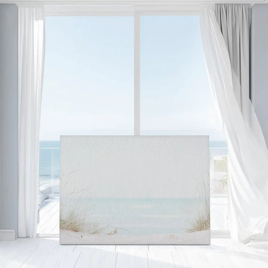 Minimalist seascape canvas print featuring sandy beach tones and light coastal textures