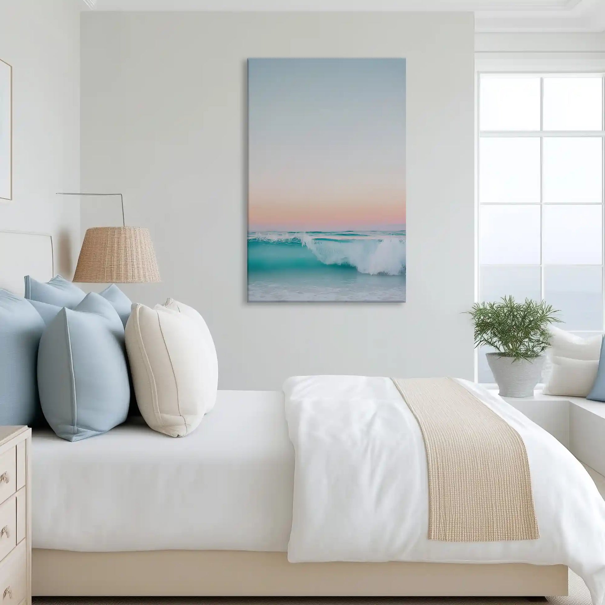 Tranquil wave canvas art complementing airy minimalist interiors