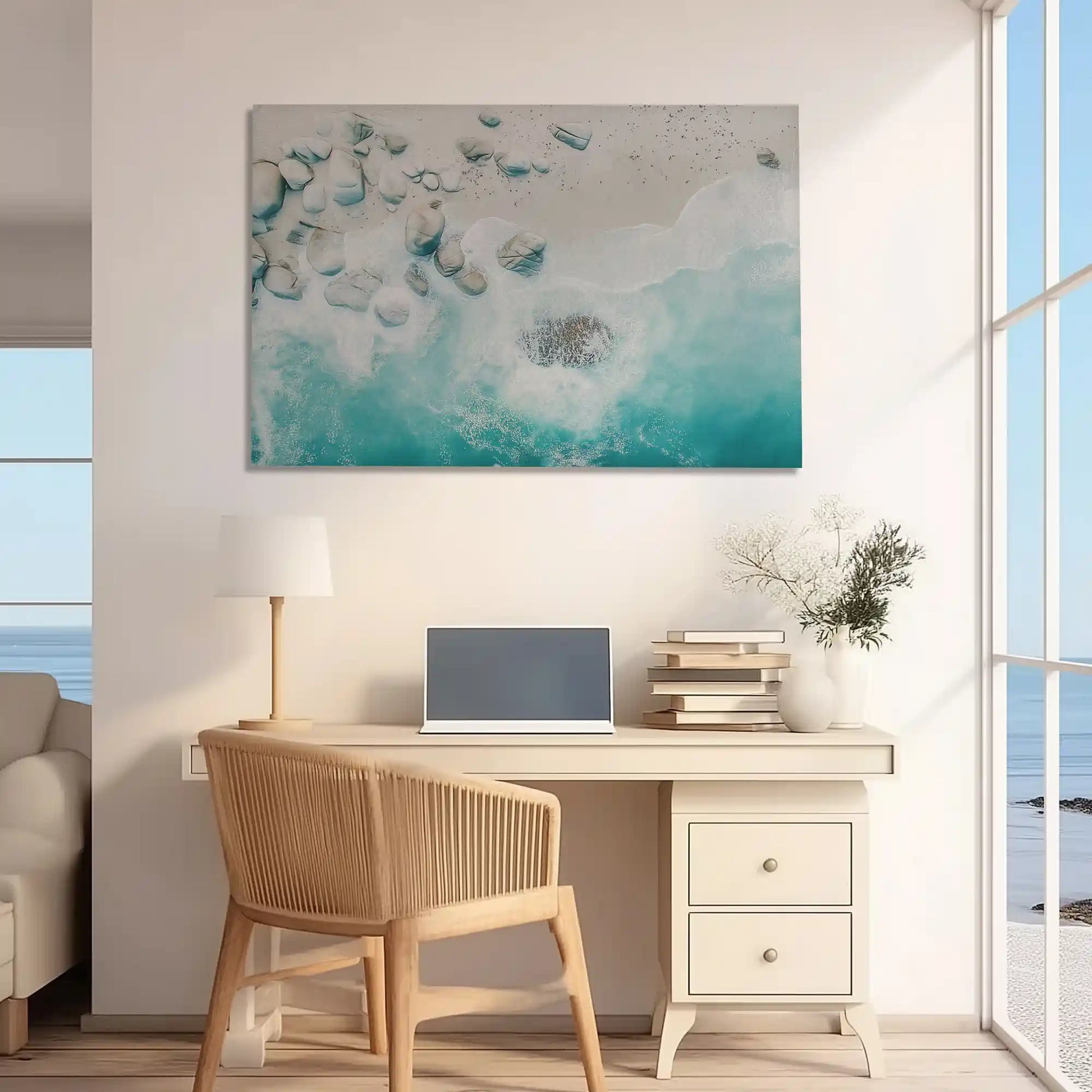 Oversized turquoise ocean canvas print styled as striking wall decor for homes