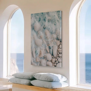 Large vertical beach pebble painting perfect for enhancing bright contemporary living rooms