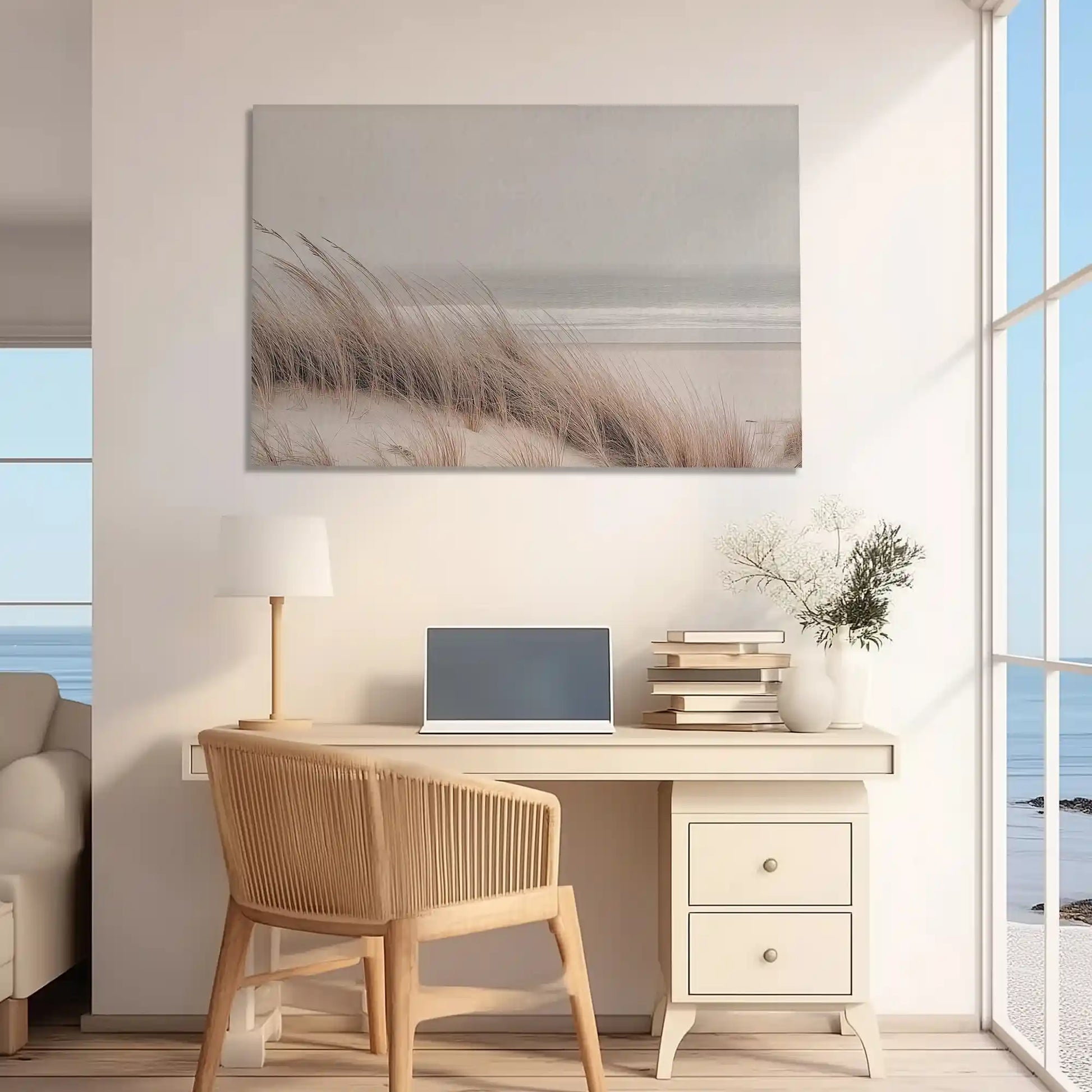 Oversized coastal grass canvas print styled as modern and calming wall decor