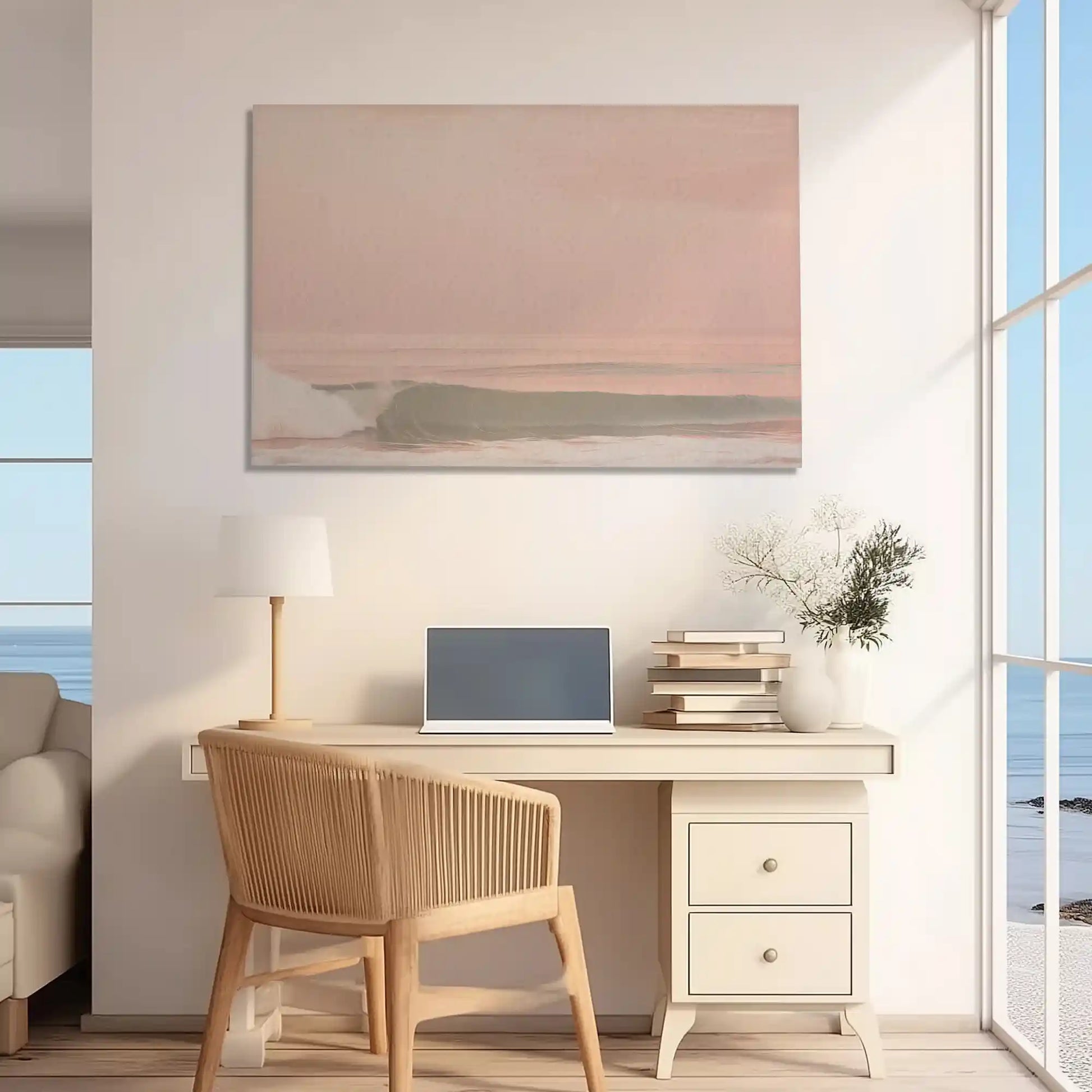Oversized sunset ocean canvas print styled as modern wall decor for homes