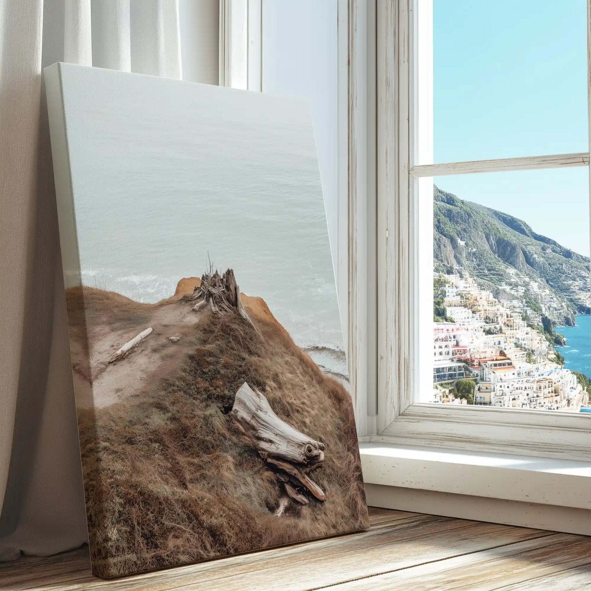 Driftwood on seaside cliff captured in a natural canvas print with minimalist rustic style