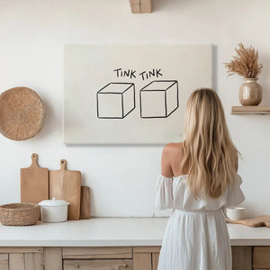 Typography-focused canvas wall art with the phrase 'TINK TINK' above two simple cube shapes in monochrome style