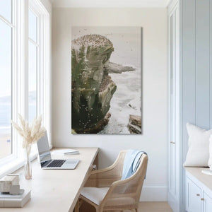 Wild cliff painting in muted coastal colors, uplifting wall decor for adventurous interior style