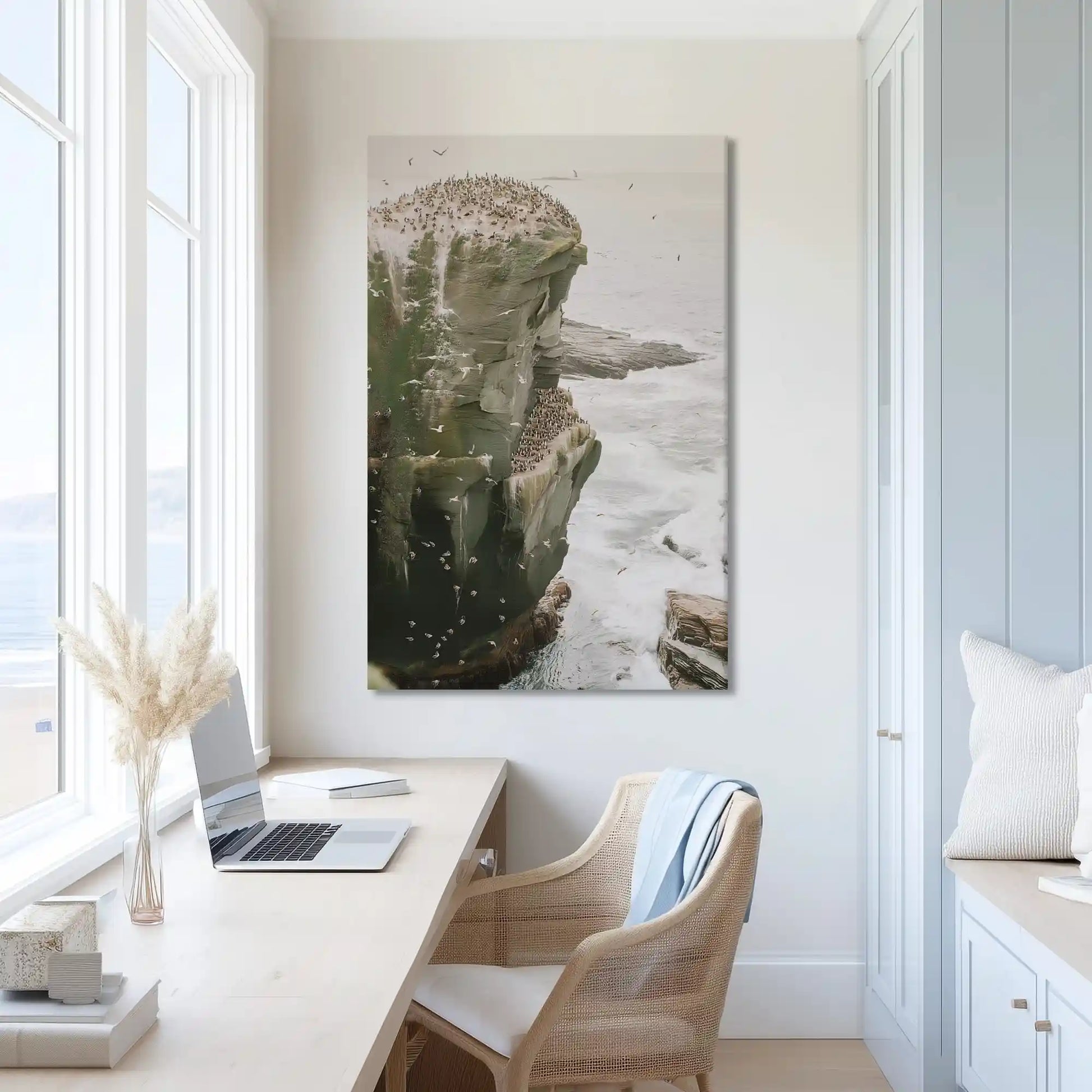Wild cliff painting in muted coastal colors, uplifting wall decor for adventurous interior style