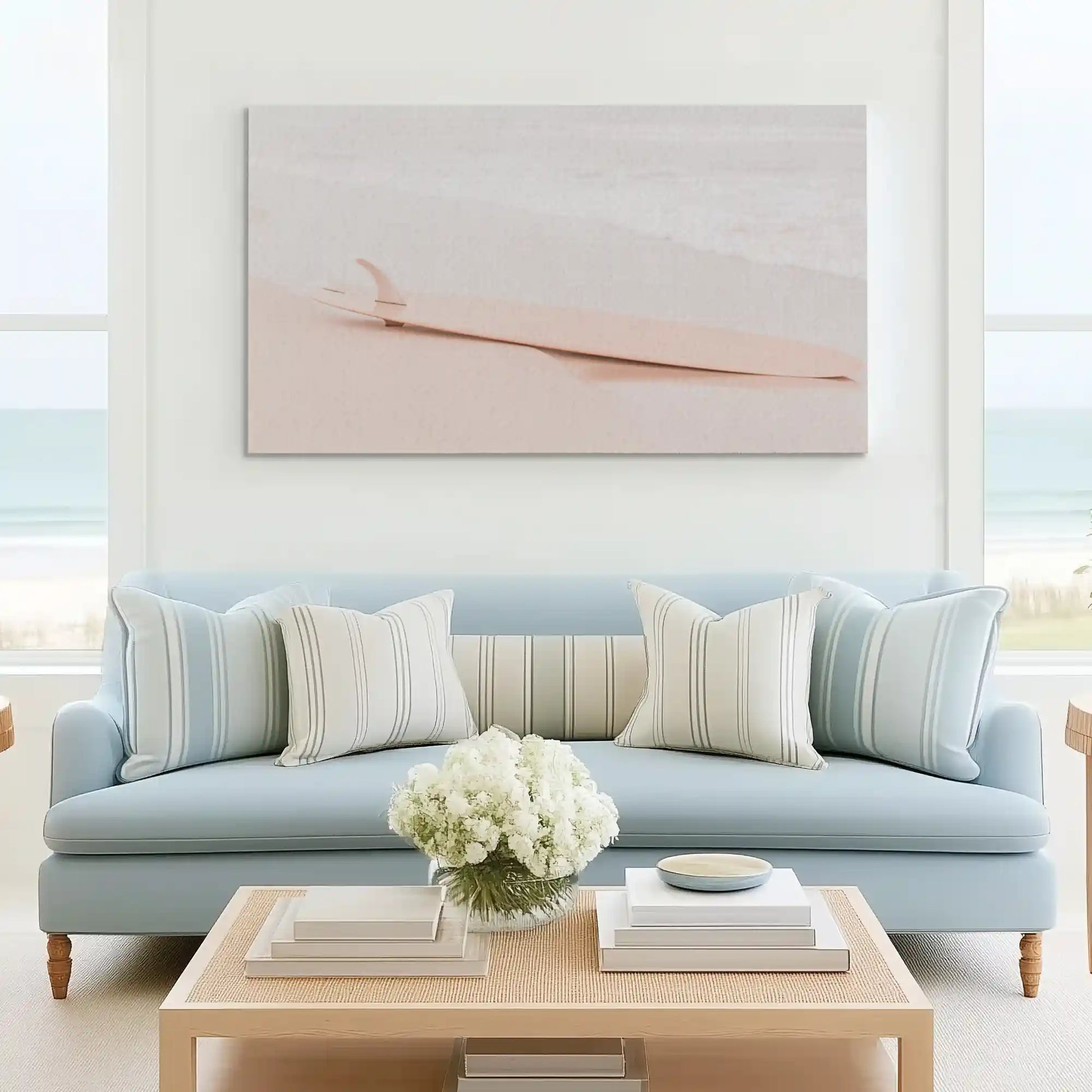 Modern seascape canvas wall art with beige tones, creating a calm and airy beach style