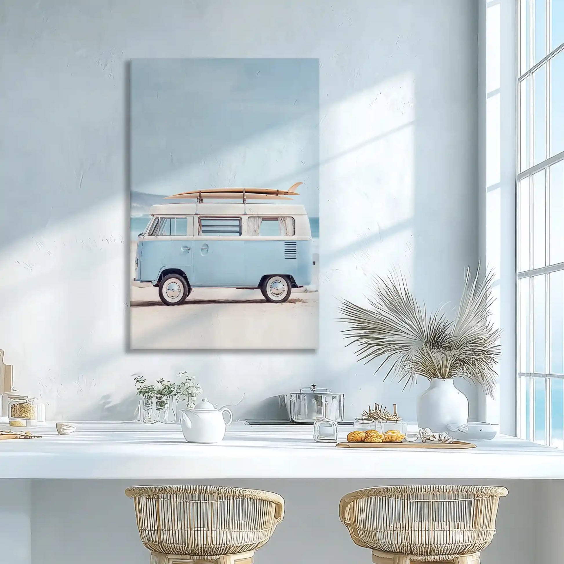 Soft pastel surf van canvas print adding playful coastal charm to modern wall decor