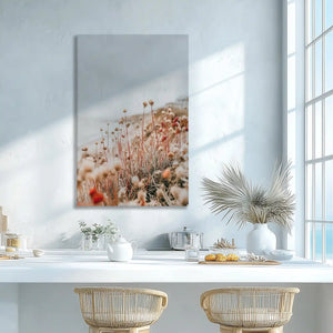 Neutral wildflower wall decor adding warm natural tones to dining space