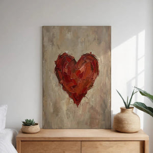 Canvas wall art print of a large red heart with expressive impasto texture on a soft-toned background.