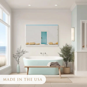 Coastal canvas wall decor print with whitewashed textures and blue seaside architecture
