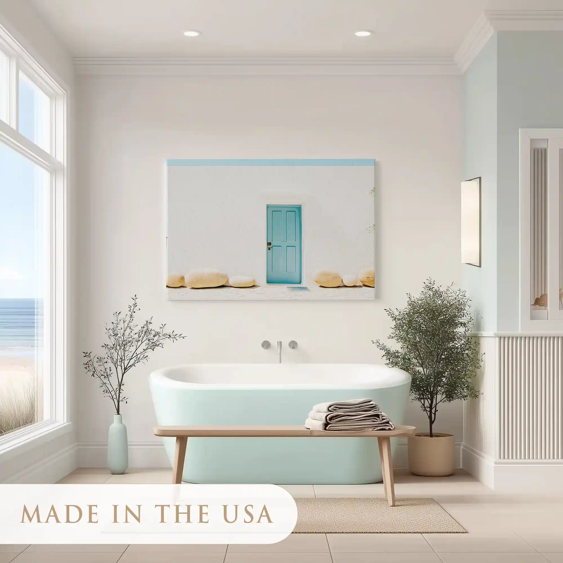 Coastal canvas wall decor print with whitewashed textures and blue seaside architecture