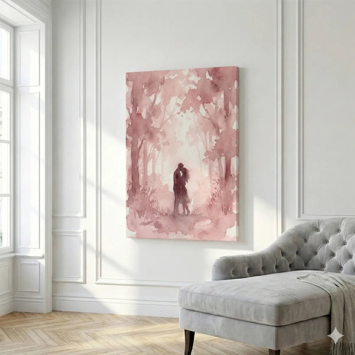 Impressionistic canvas print of an affectionate couple framed by soft pink trees fading into a light background.
