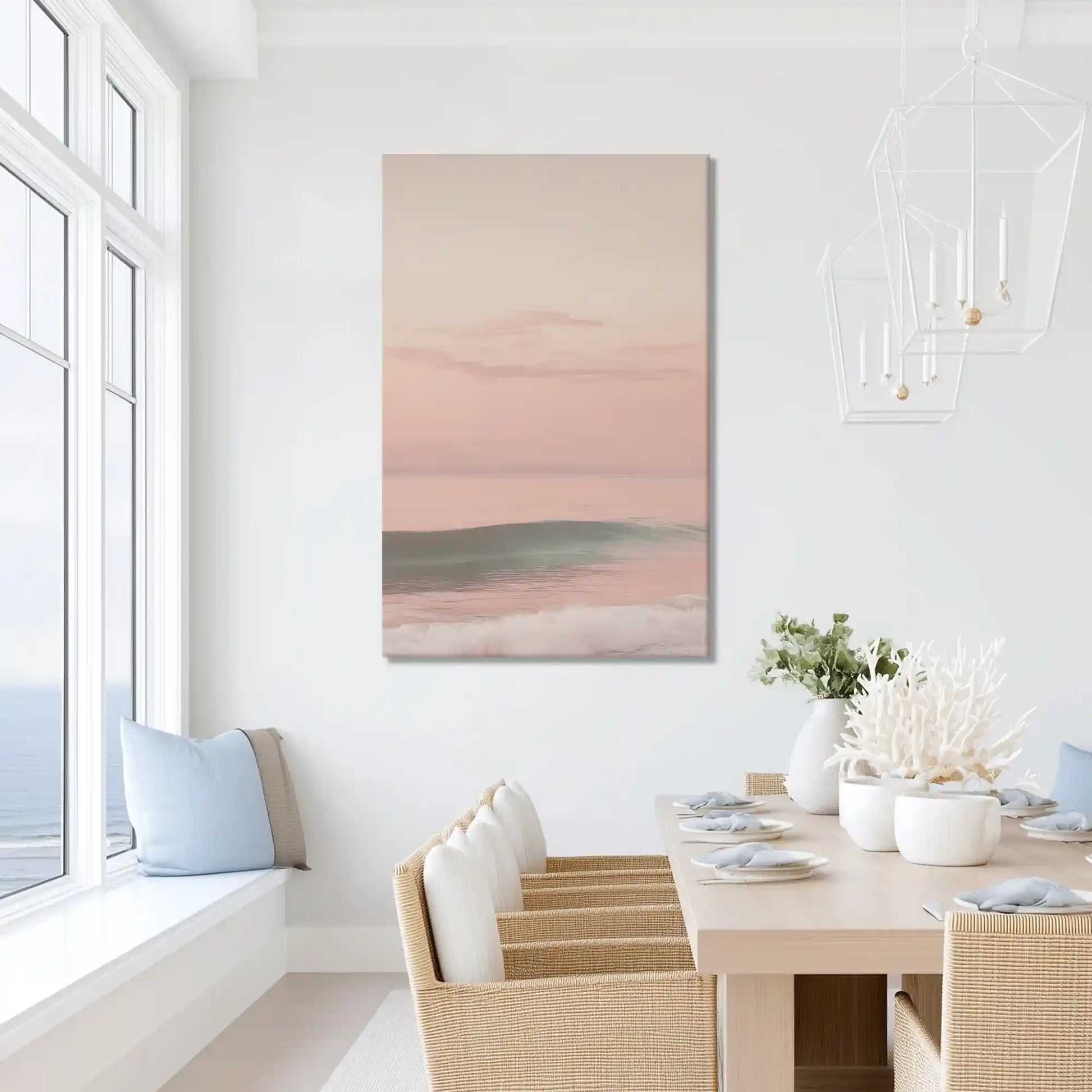 Peaceful pink sky painting with soft ocean hues, ideal for airy bedroom or dining room settings