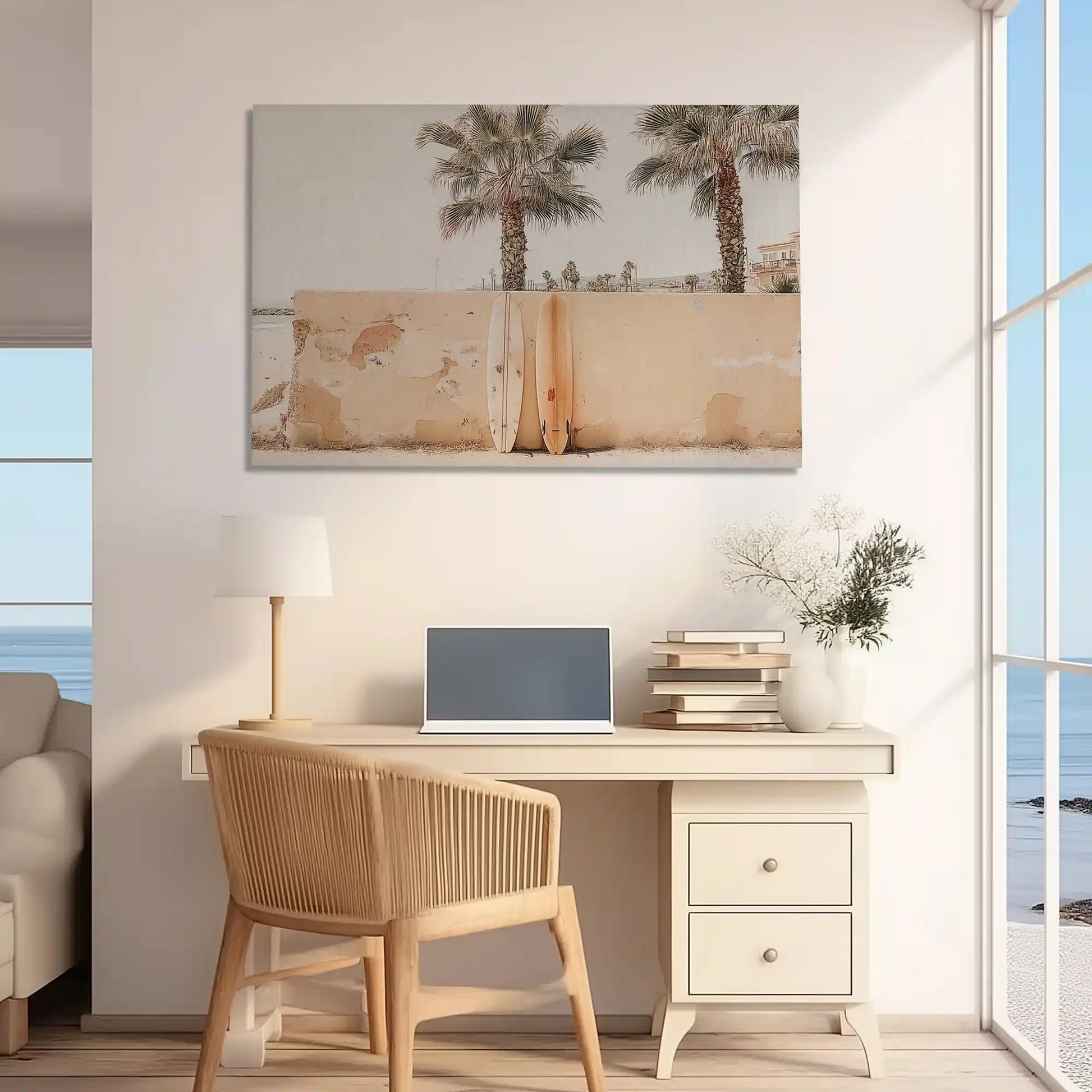 Beige and brown palm wall art canvas print adding a rustic coastal vibe to modern interiors