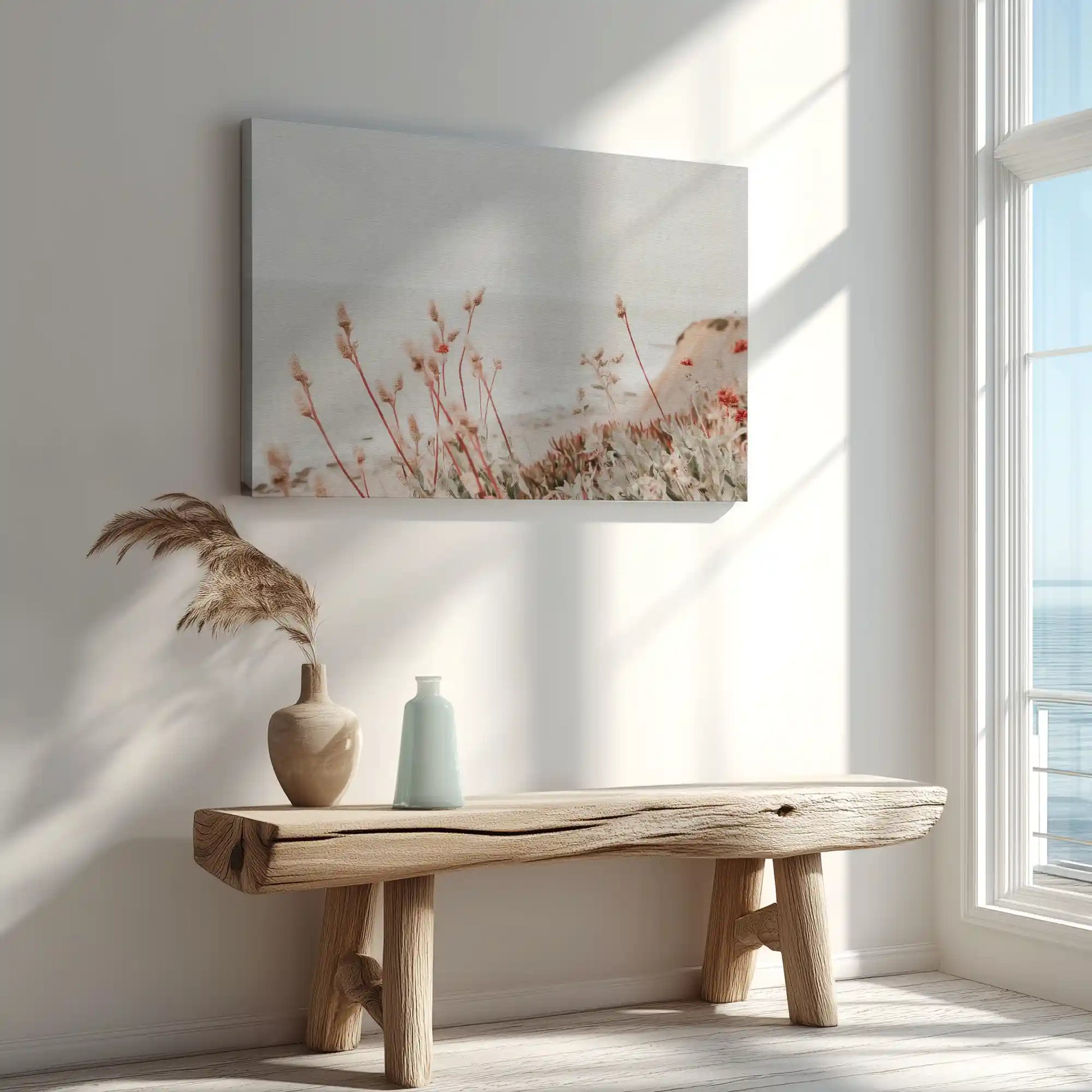 Seaside wildflower painting captured in canvas art with natural coastal style