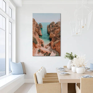 Peaceful cliff painting with warm earthy tones, ideal for dining room or bedroom design