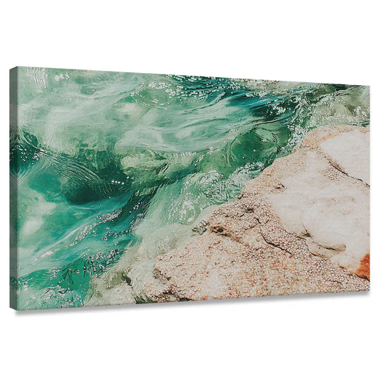 Abstract coastal canvas wall art featuring green ocean waves and sandy shoreline for living room