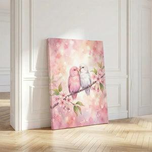 Modern canvas art with a dreamy watercolor rendering of birds and cherry blossoms, emphasizing warmth and serenity.