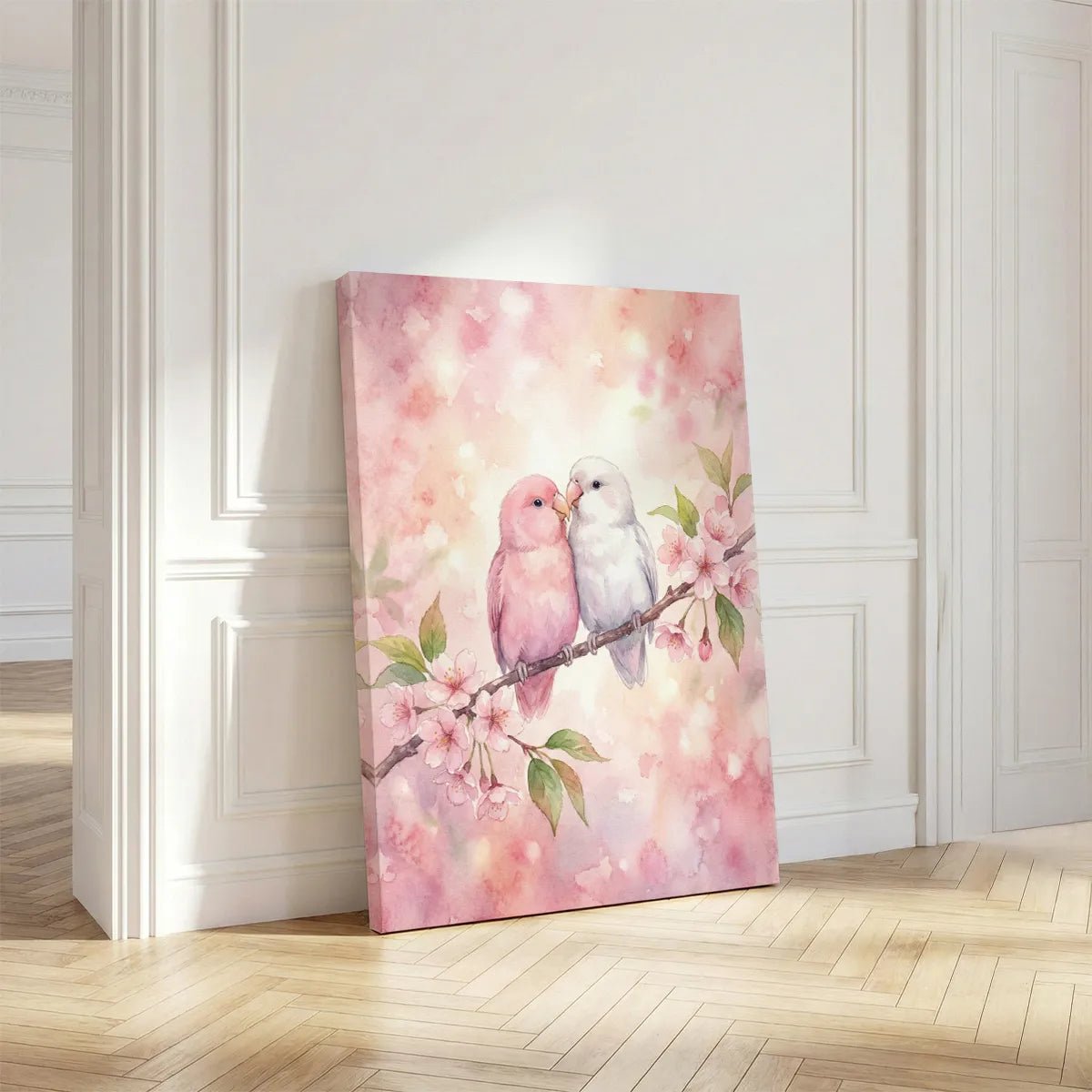 Modern canvas art with a dreamy watercolor rendering of birds and cherry blossoms, emphasizing warmth and serenity.