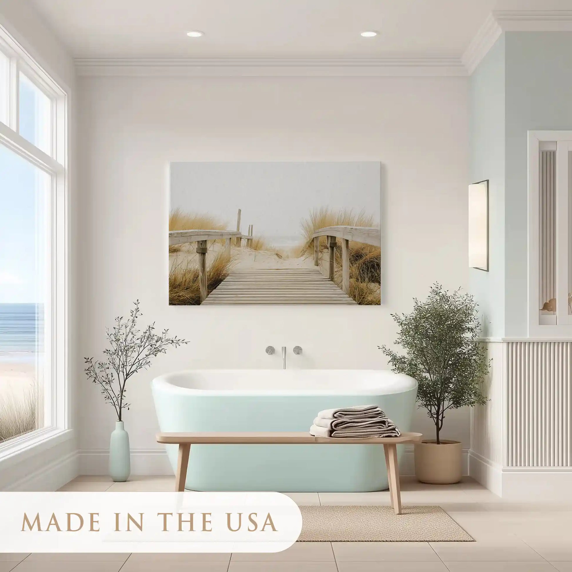 Peaceful seaside walkway painting in soft hues ideal for dining room wall decor