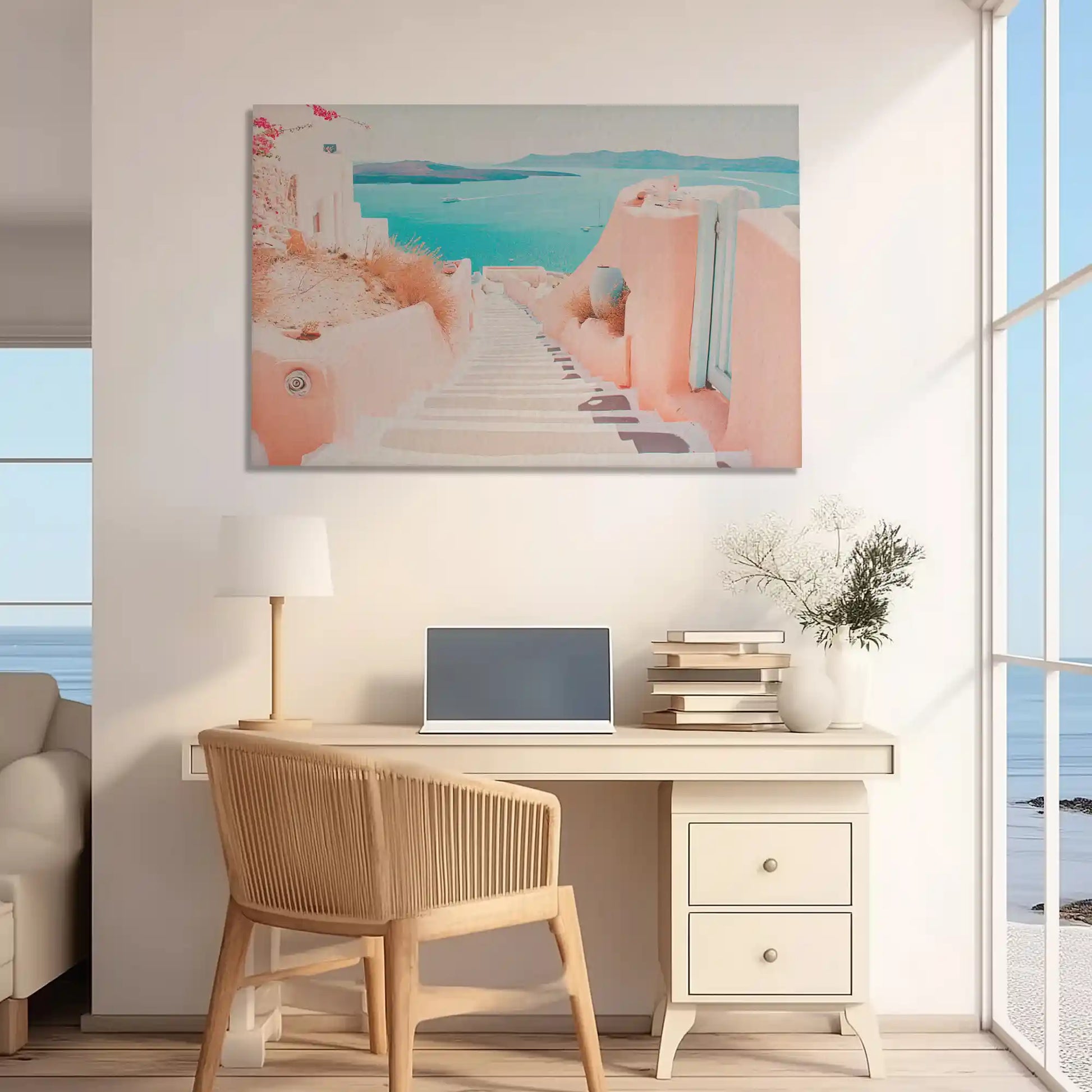 Oversized pastel coastal canvas wall art enhancing bright contemporary sofa space