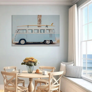 Large coastal wall art canvas with beach van, soft aqua tones, and laid-back seaside style