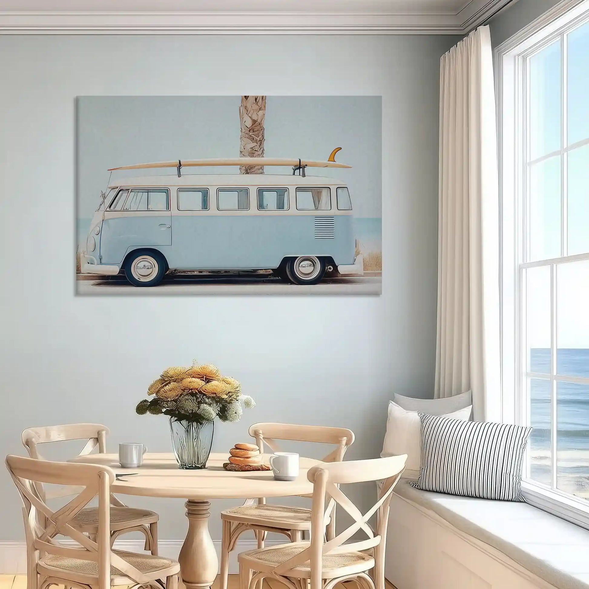 Large coastal wall art canvas with beach van, soft aqua tones, and laid-back seaside style