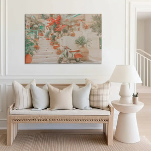 Large floral street canvas print perfect for above sofa placement in bright spaces