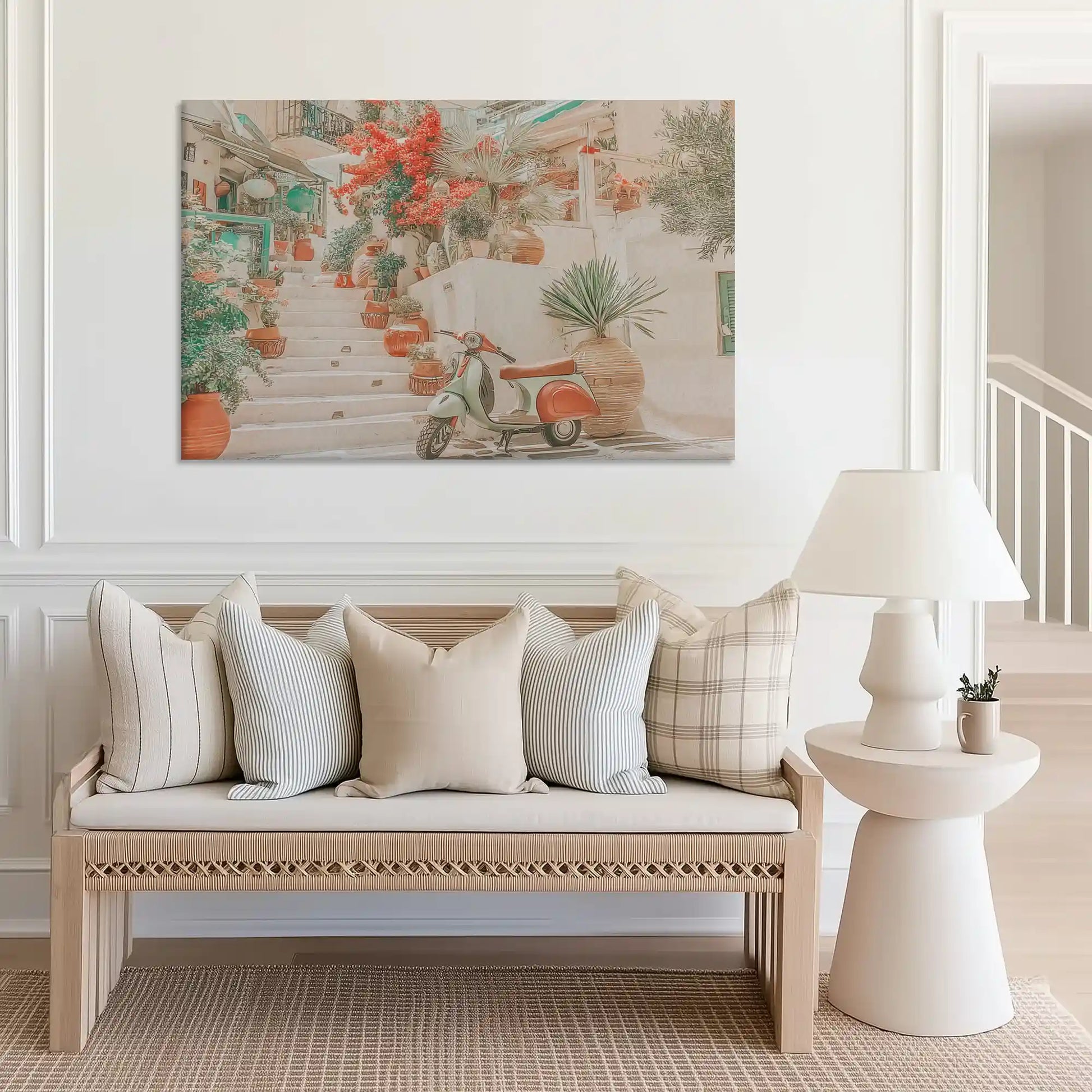 Large floral street canvas print perfect for above sofa placement in bright spaces