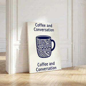 Decorative canvas print featuring a bold navy coffee mug and the phrase 'Coffee and Conversation' in a minimalist folk style.