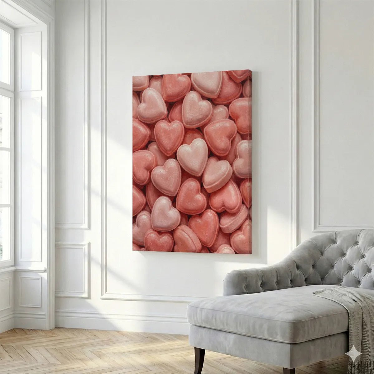 Semi-realistic canvas print with molded heart shapes in warm pastel tones, arranged in a cheerful, affectionate pattern.
