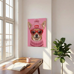 Playful canvas wall art of a chihuahua wearing heart-shaped sunglasses and a pink sweater, set against a solid pink backdrop