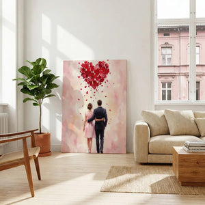 Gallery wrapped canvas with a centralized composition of a couple beneath a heart made of rose petals, in warm muted tones