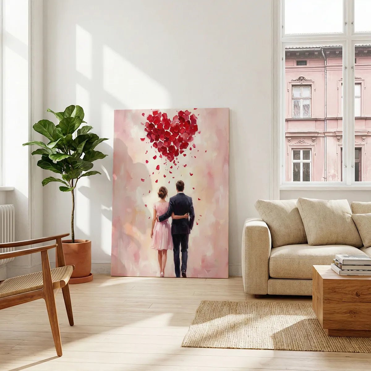 Gallery wrapped canvas with a centralized composition of a couple beneath a heart made of rose petals, in warm muted tones