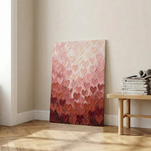 Stylized canvas print showing rows of heart motifs increasing in saturation from top to bottom in a warm color palette