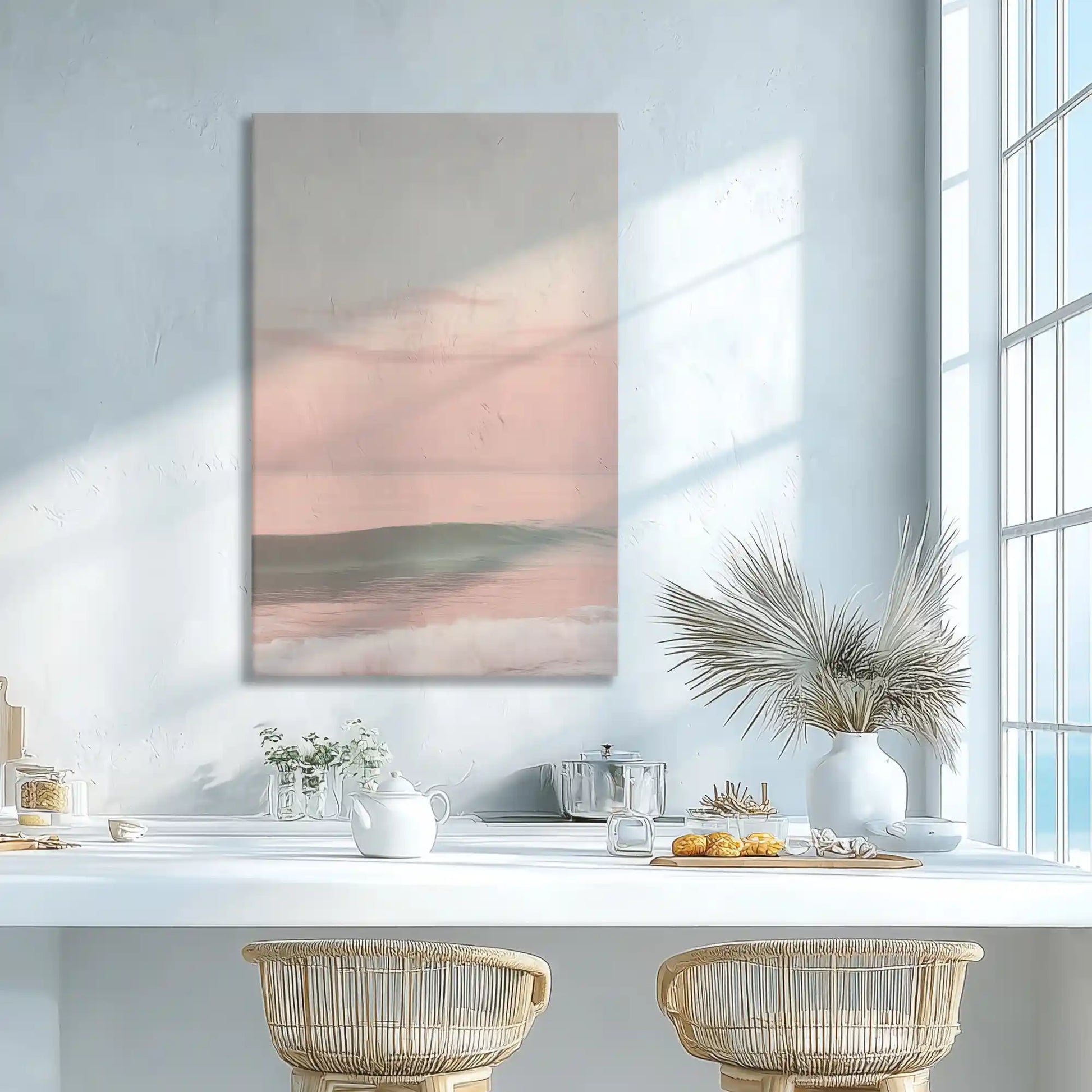 Blush pink ocean canvas print adding romantic calm to coastal-inspired wall decor
