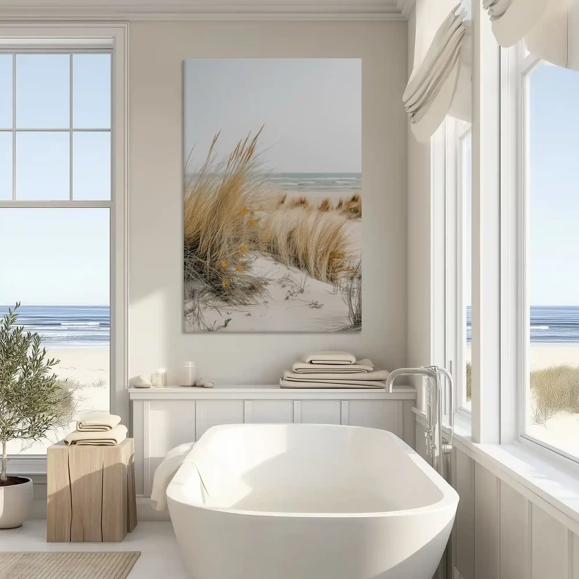 Neutral dune landscape canvas art enhancing modern wall decor with coastal character