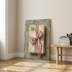 Romantic canvas wall art showing handwritten letters bound with a pink ribbon, set against a textured beige background.