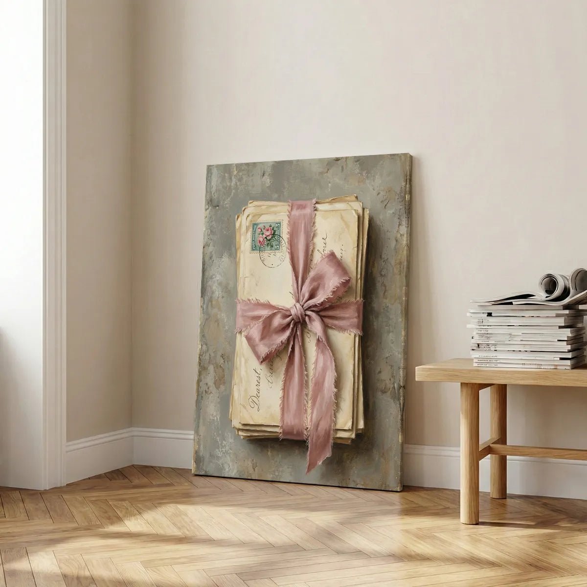 Romantic canvas wall art showing handwritten letters bound with a pink ribbon, set against a textured beige background.
