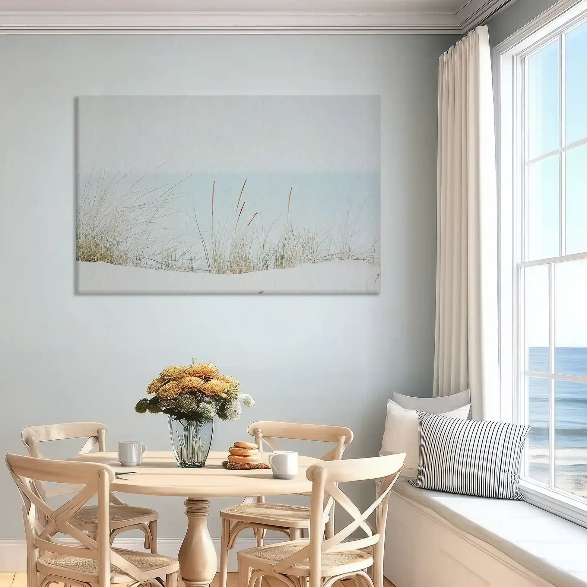 Soft beige and blue coastal canvas art enhancing serene bedroom wall design