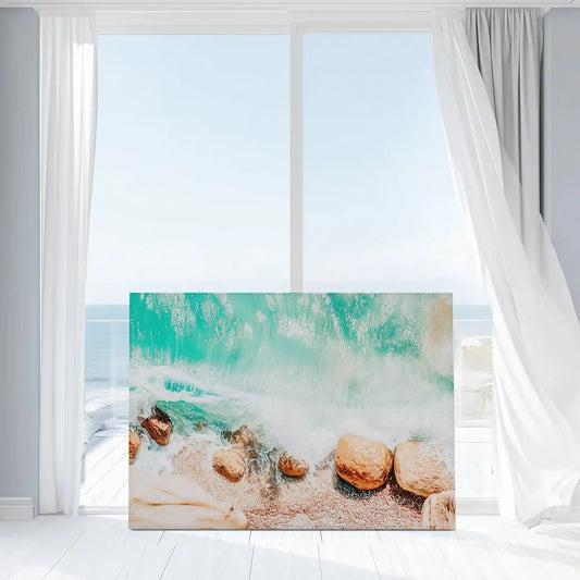Tranquil beach scene canvas print bringing calming seascape vibes to living room decor