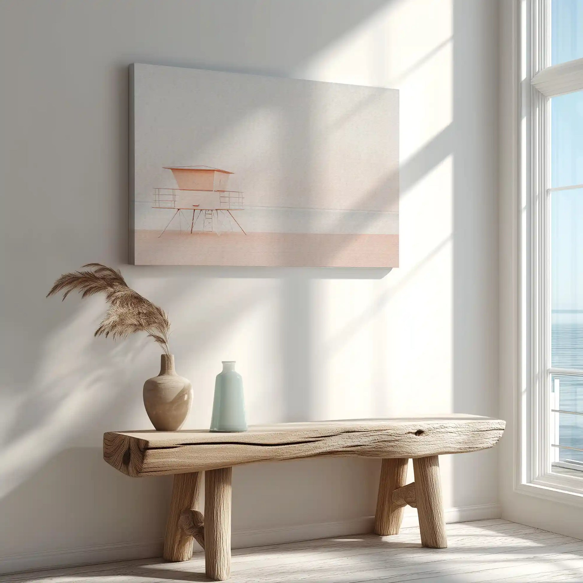 Lifeguard tower painting captured in canvas art with modern coastal style