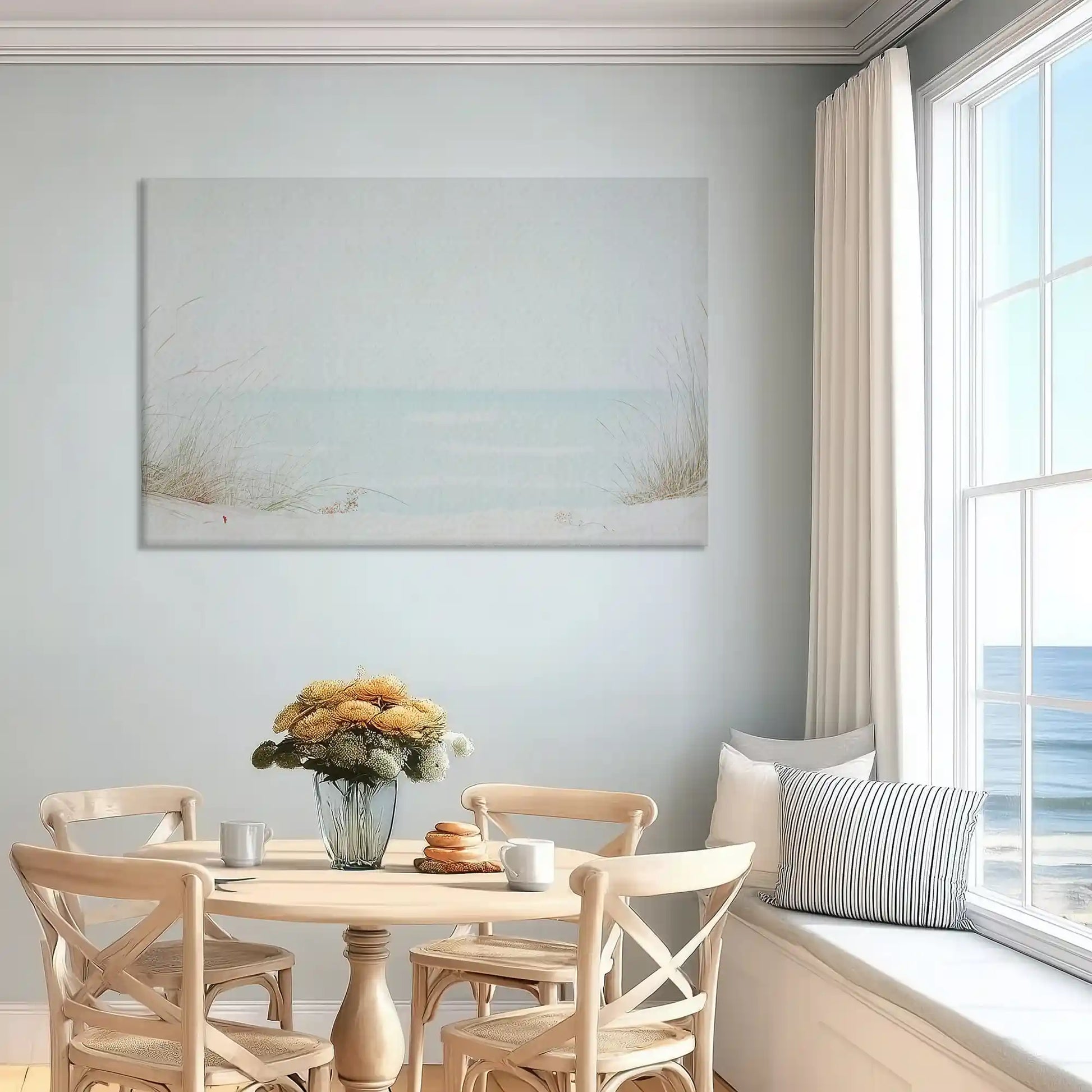 Contemporary coastal canvas wall art with neutral beige tones and tranquil seaside mood