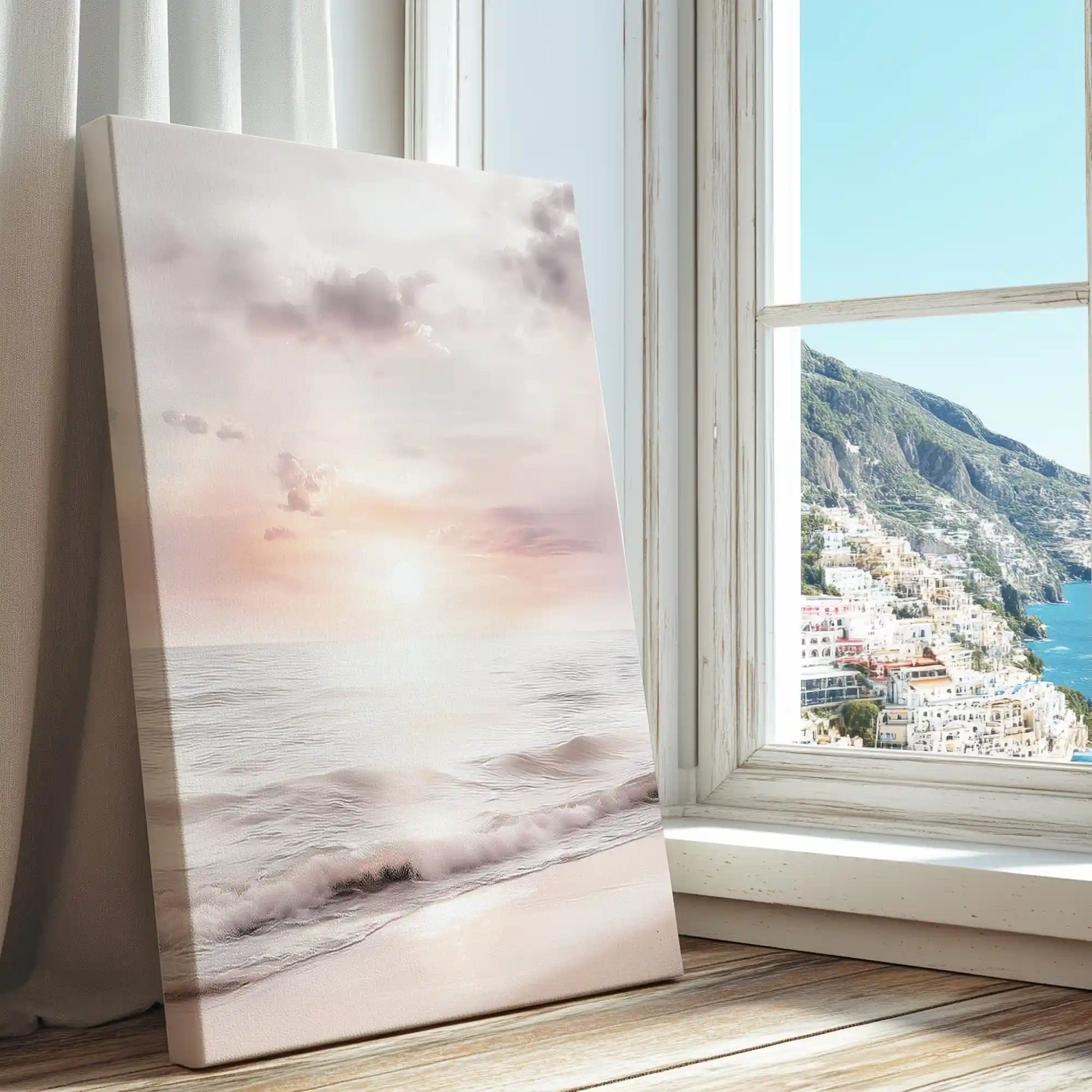 Gentle waves at sunrise captured in a tranquil canvas print with minimalist coastal style