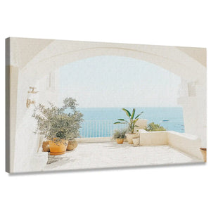 Mediterranean terrace canvas wall art with ocean view framed by white arches for living room décor