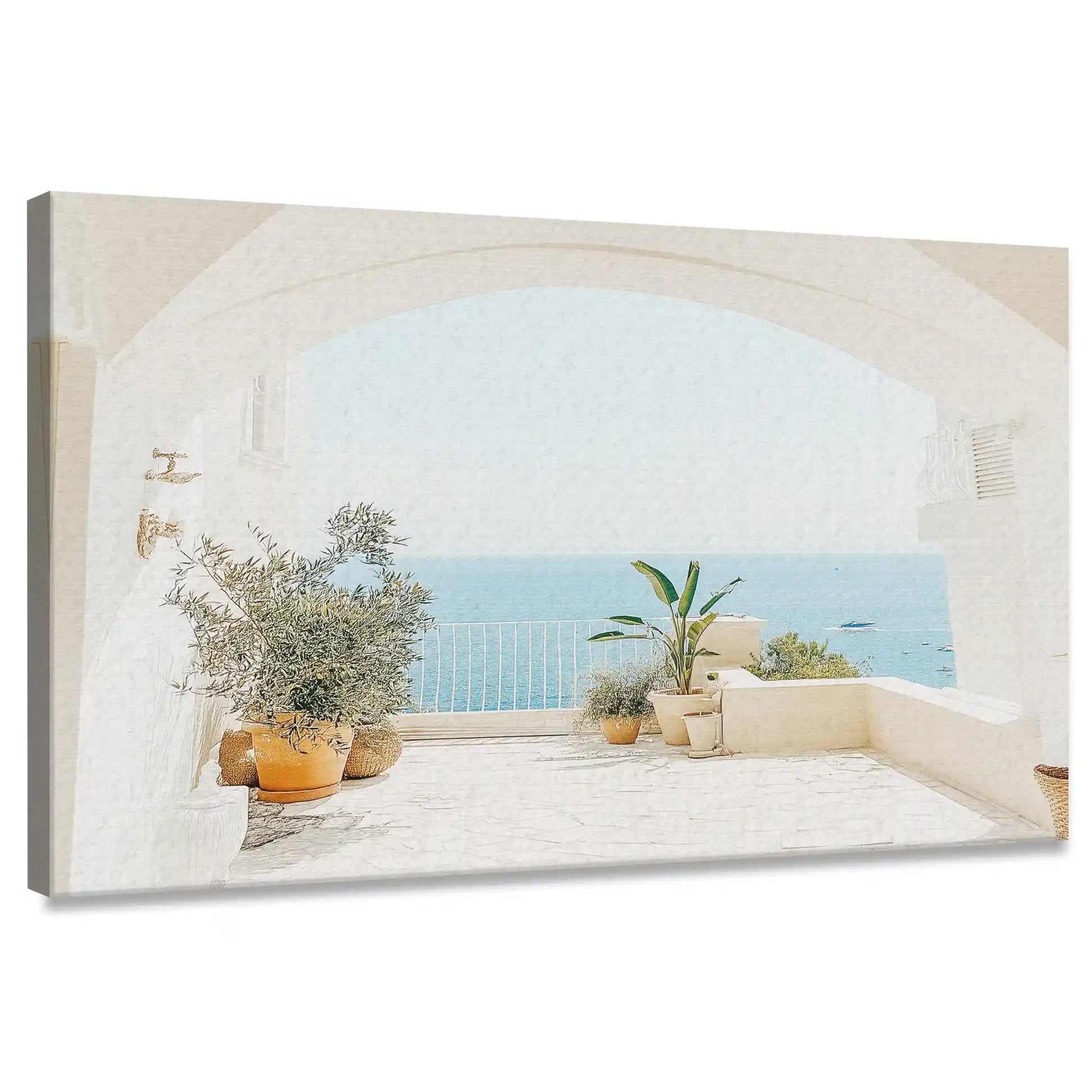 Mediterranean terrace canvas wall art with ocean view framed by white arches for living room décor