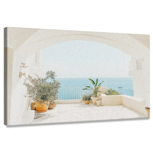 Mediterranean terrace canvas wall art with ocean view framed by white arches for living room décor
