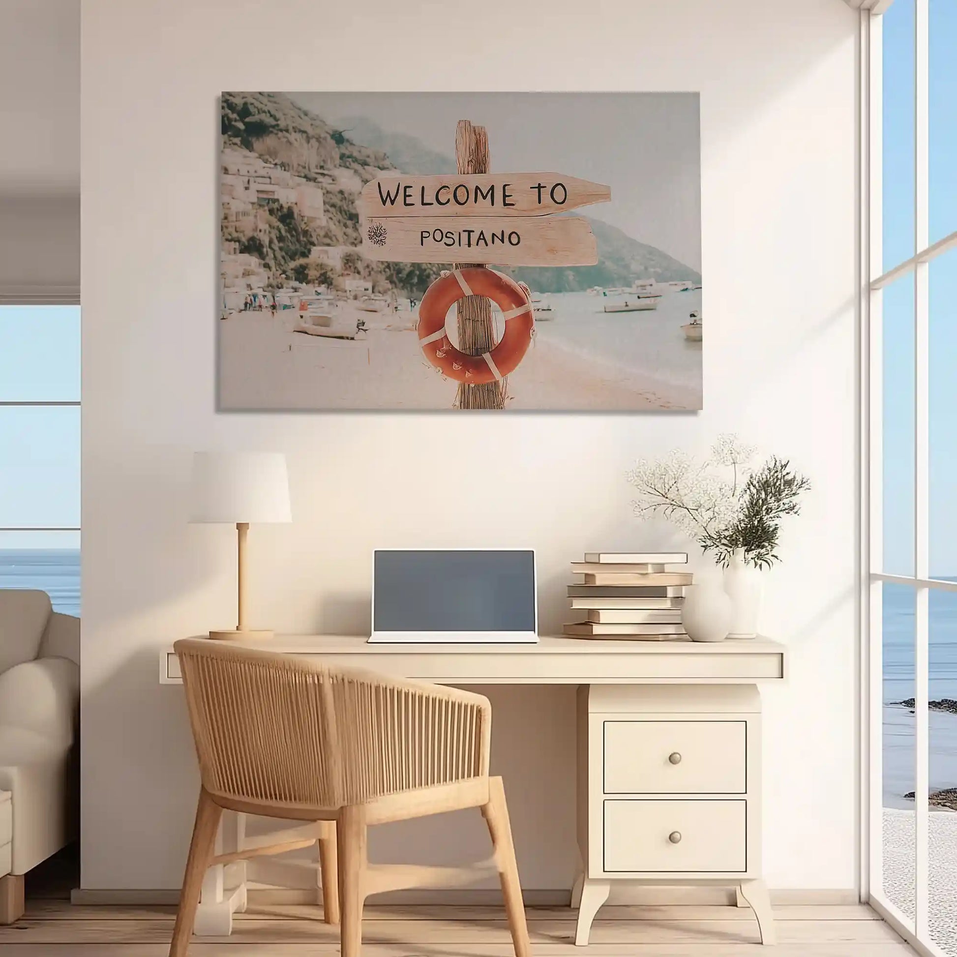 Large Positano coastal canvas wall art for modern interiors and above sofa centerpiece
