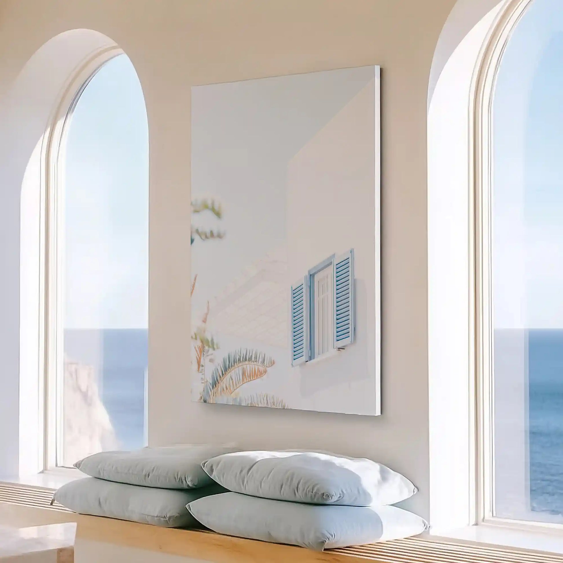 Large vertical Mediterranean window painting perfect for enhancing bright living room walls